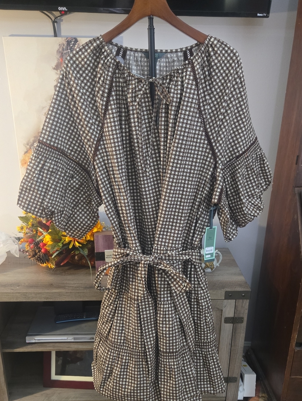 Terra & Sky Brown and Cream Gingham Peasant Mini Dress with Tie Waist